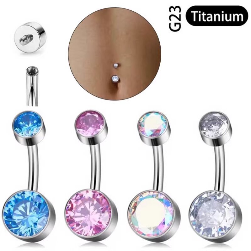 Wholesale titanium G23 Titanium Astm F136 14g Internal threaded double zircon  navel rings Belly Button Piercing Barbell Girl Women Body Jewelry