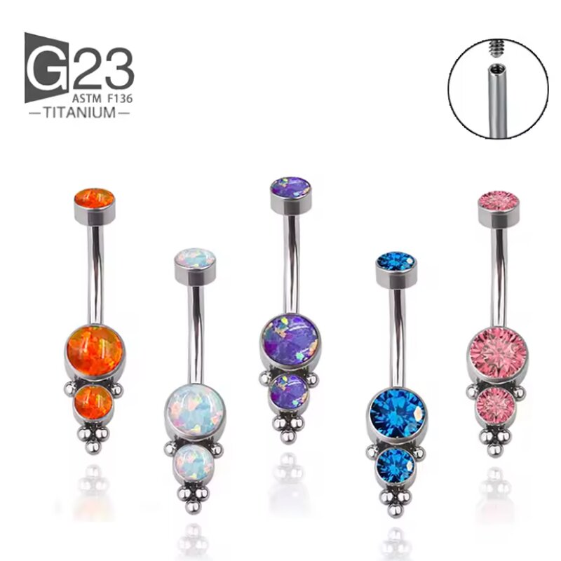 Wholesale titanium Piercing G23 Titanium Internal Threads  With Two Inlaid  Opal cluster navel rings Popular women's body accessories in Europe