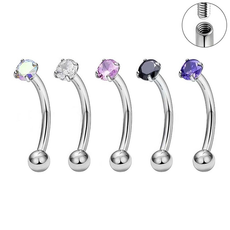 Wholesale titanium F136 Titanium Internal threaded Banana Curved Barbell Eyebrow Piercing zircon Rook Earring 16G Piercing Piercing Jewelry