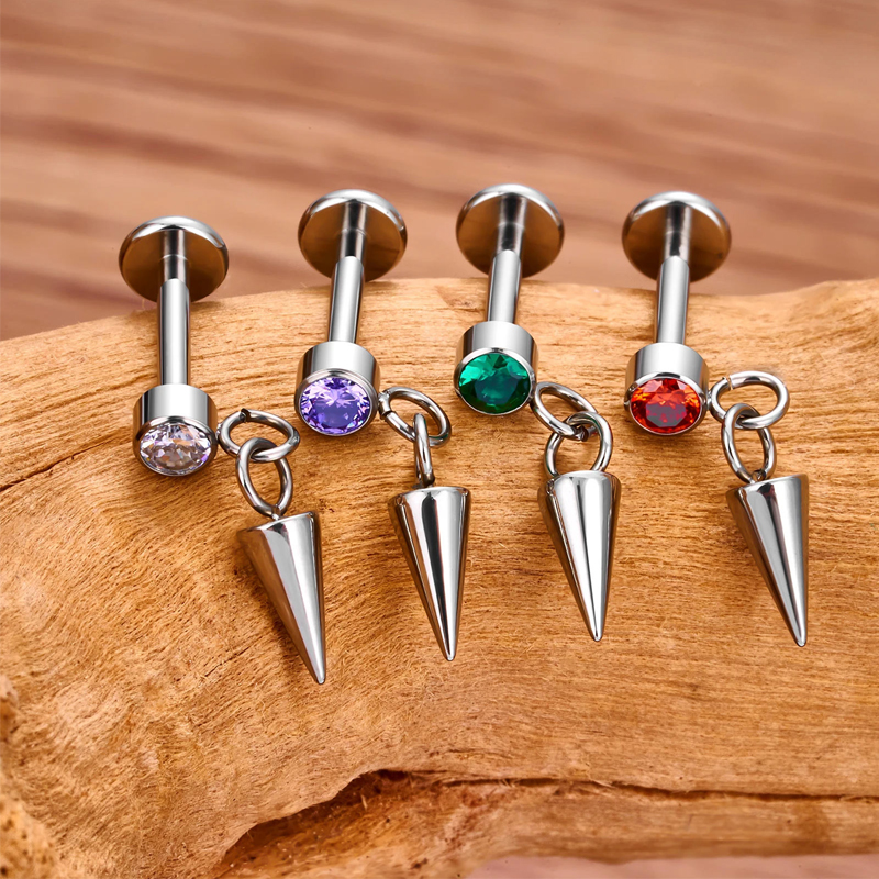 F136 titanium internal thread zircon earrings G23 titanium cylindrical earrings with pointed spine pendant ear cartilage nail perforated jewelry