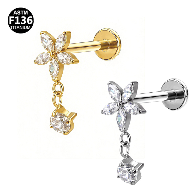 ASTM-F136 Titanium Unique Flower Shaped Design Zircon Ear Stud Wholesale Internal Thread Cartilage Tragus Puncture