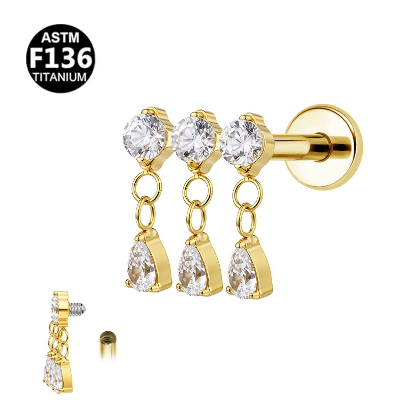Wholesale Customized G23 Titanium Internal Thread 3 Round Zircon with Triple Pear Shaped Cut Zircon Pendant Cartilage Earrings
