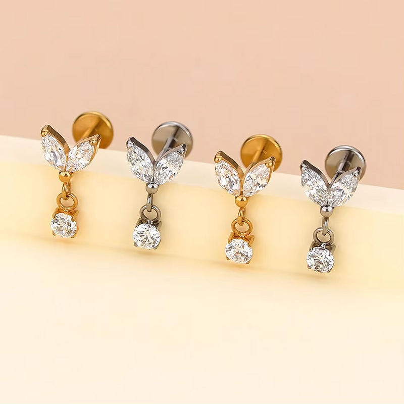 Internal Thread Hypoallergenic Spiral Cartilage Earrings G23 Titanium Double Zircon Flat Back Ear Screen Wholesale