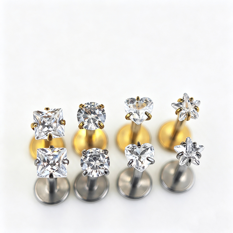 G23 Titanium Push in square Star Shaped Heart-shaped Claw with Zircon Earrings Flat Back Cartilage Tragus Puncture