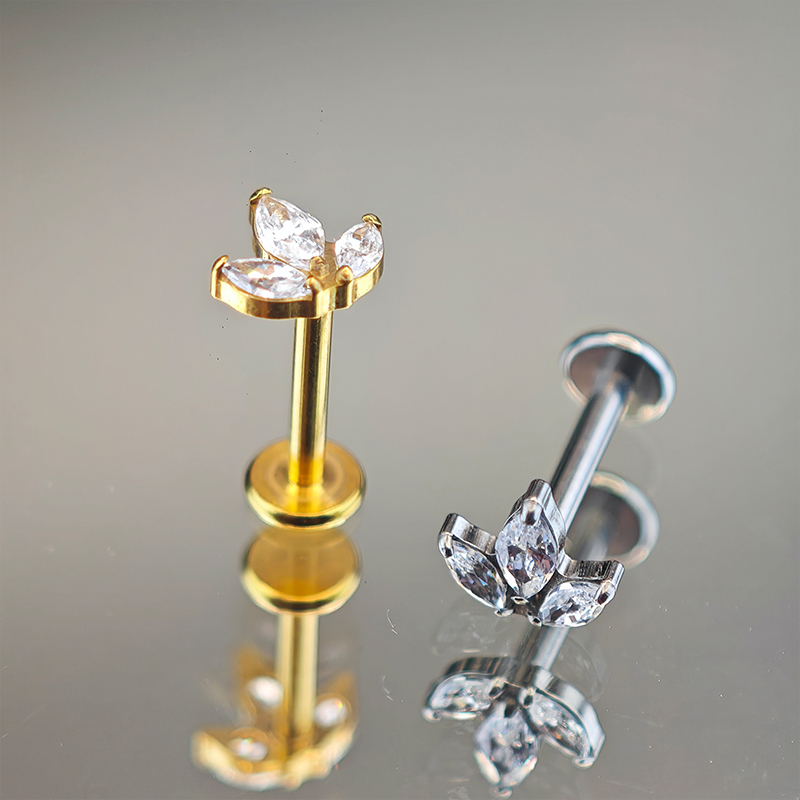 ASTM-F136 Titanium Triple Olive Pointed Non Threaded Cartilage Perforated Ear Nose and Body Jewelry Wholesale