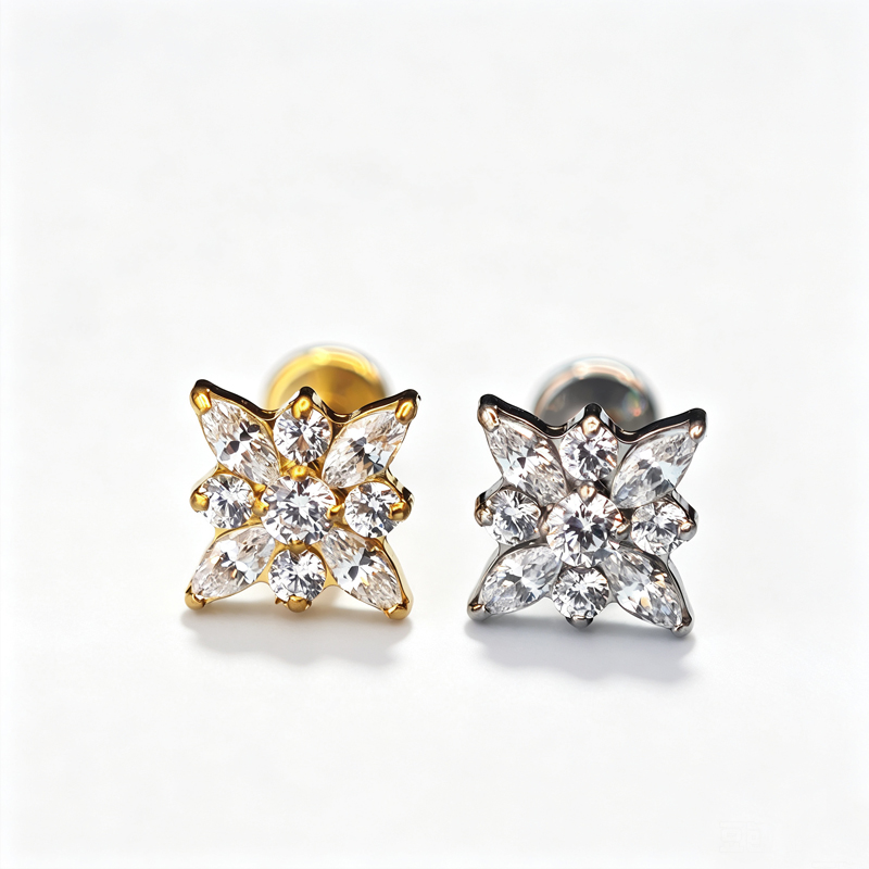ASTM F136 Titanium Zircon Flower Non Threaded Flat Back Nose Nails Ear Nails Push in Ear Cartilage Puncture Jewelry Wholesale