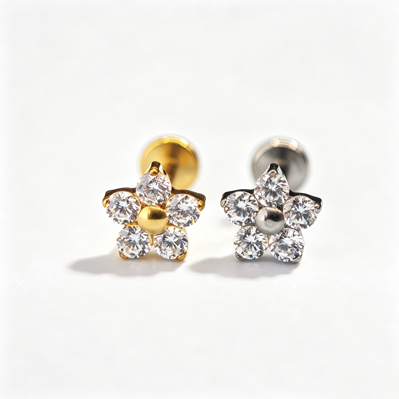 F-136 Titanium Threadless Tip Set with 5 Zircon Flower Top New Type Cartilage Ear Screen Puncture Wholesale