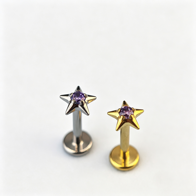 Simple and Fashionable Star studded purple Zircon Unthreaded Push in Perforated Earrings F136 Titanium Unisex Earrings Wholesale