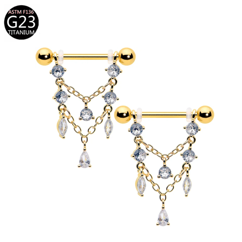 Wholesale Transparent Gemstone Gold Double Chain Hanging Ring G23 Titanium Thread Zircon Nipple Ring