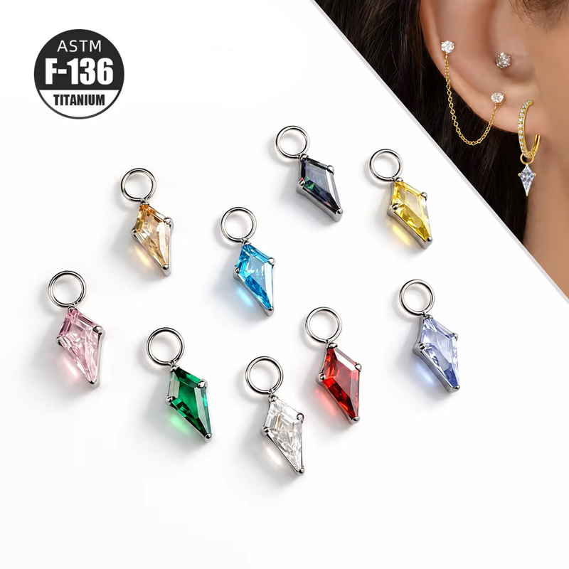 Wholesale G23 Titanium Dangle Part Kite Shaped Zircon Perforated Pendant O-ring Earring Accessories