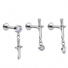 ASTM F136 Titanium Flat Back Sword Shaped Studs with Internal Thread Zircon Barbell Ear Cartilage Spiral Piercing Jewelry