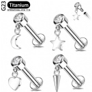 16G Internal Thread Anti Allergic Spiral Earrings G23 Titanium Zircon Star Shaped Moon Heart-shaped Design Pendant Earrings
