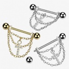 Threaded Triple Chain Nipple Ring Wholesale F136 Titanium Cross Zircon Nipple Barbell Swinging Body Piercing Jewelry